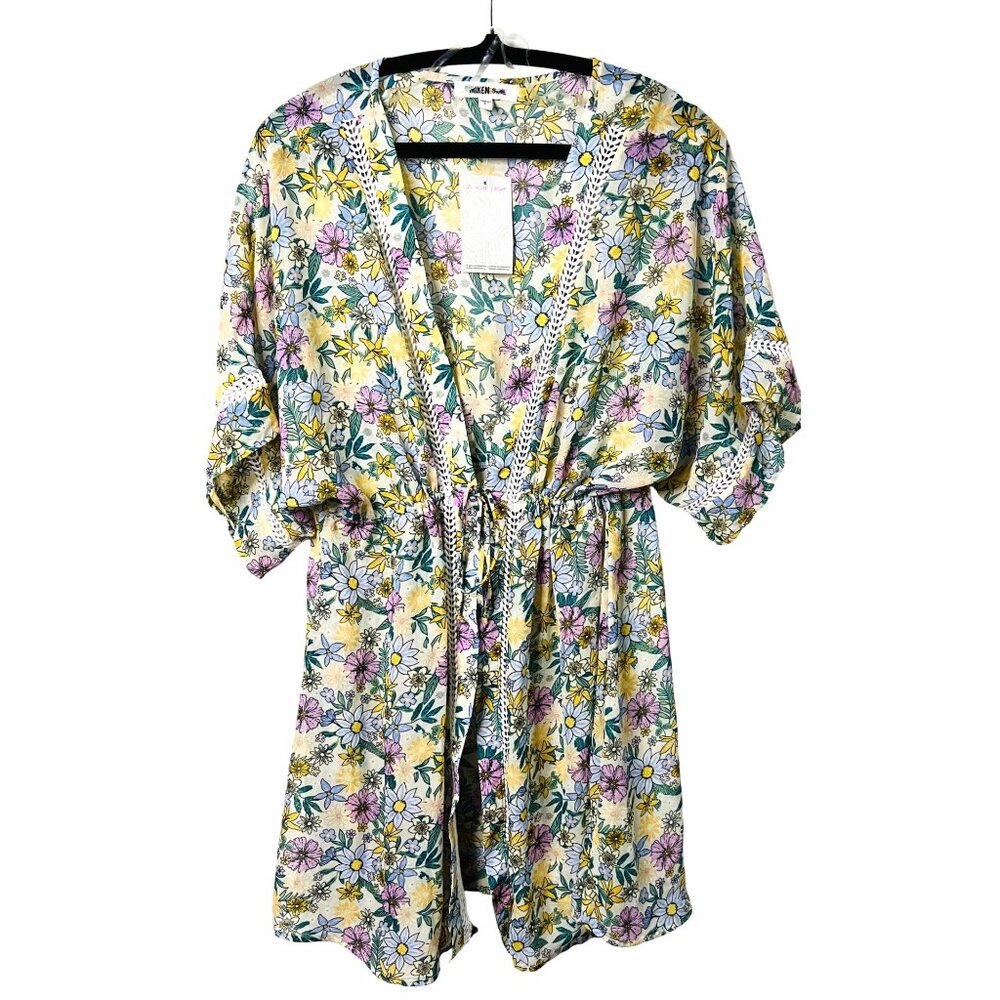 Floral Swim Cover-Up Elastic Waist Adj Tie Lightweight Size Large Polyester